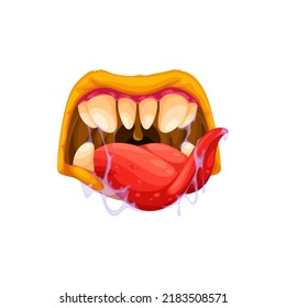 Fea y hambrienta mandíbulas de ogro, boca y dientes de monstruo aterrador aislado icono de caricatura. Sonrisa vectorial con lengua larga con saliva, cara de Halloween atemorizante monstruo, sonrisa de horror vampiro Drácula dientes, diablo