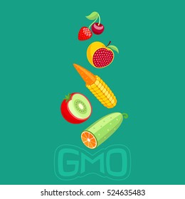 Ugly hybrids of fruits, vegetables above original logo like a sarcastic symbol of GMO on a cold green background. Corn, carrot, apple, pomegranate, strawberry, cherry, tomato, kiwi, cucumber, orange.