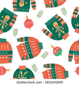 Ugly knitted Christmas sweaters. Christmas seamless pattern on white background.