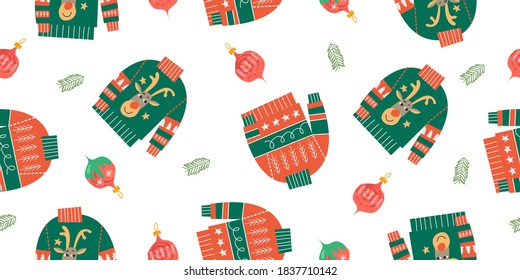 Ugly knitted Christmas sweaters. Christmas seamless pattern on white background.
