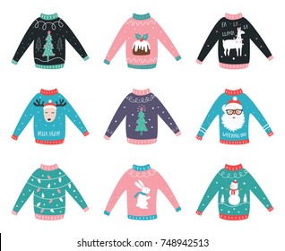 Ugly Knitted Colorful Sweaters Vector Set for Party Invitations.