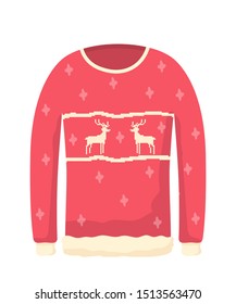 Ugly knitted sweater flat vector illustration. Xmas themed clothes, red warm jumper with reindeers. Garments shop, apparel store product. Traditional winter season knitwear, christmas present