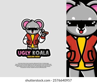 Ugly koala smoking logo Cartoon vector illustration