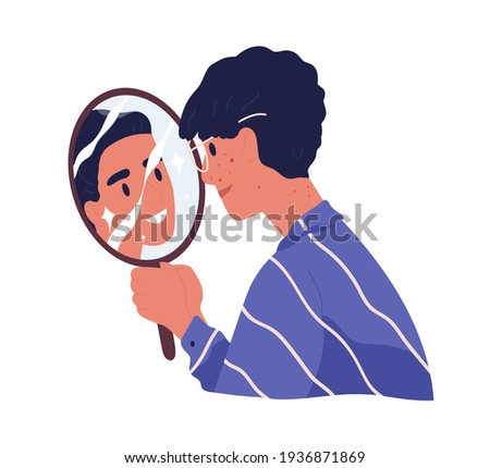Ugly man with acne looking at mirror reflection and dreaming to be beautiful confident guy. Concept of high self-esteem and inadequate perception. Flat vector illustration isolated on white background