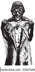 Ugly Man with Bra. Monster steals the Bra. An hand drawn vector illustration, freehand sketching, in comic style.