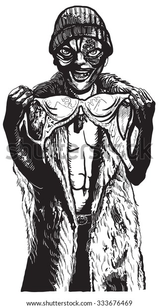 ブラジャーを持つ醜い男 怪物がブラを盗む 手描きのベクターイラスト フリーハンドスケッチ 漫画風 のベクター画像素材 ロイヤリティフリー