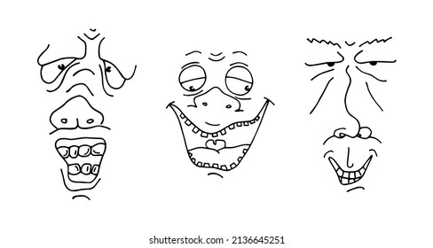 Ugly man face drawing sketch set. Hand drawn outline doodle cartoon freak character grimace collection. Different crazy person portrait avatars. Vector eps isolated illustration