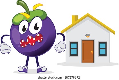 Ugly mango Steen character standing in front of a house