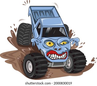 ugly monster truck jumping car illustration hand drawing vector