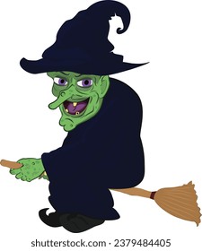 A ugly old green witch wearing blue hat and dress, flying on a broom, Halloween character.