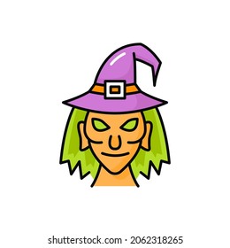 Ugly old witch in hat isolated head face line icon. Vector Halloween lady in old fashion headwear. Magician baba yaga. Scary magic wicked female sorceress with ugly face, green hair in purple hat