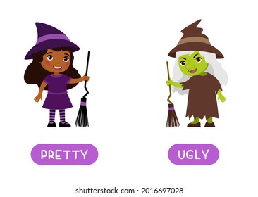 UGLY and PRETTY antonyms word card, Opposites concept. Flashcard for English language learning.  Cute African girl in Halloween witch costume, old ugly witch with green skin