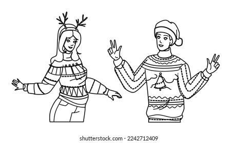 ugly pullover line pencil drawing vector. winter christmas, holiday sweater, jumper party, december ornament, decoration season ugly pullover character. people Illustration