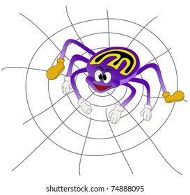 The ugly purple spider hangs on the web. Vector illustration