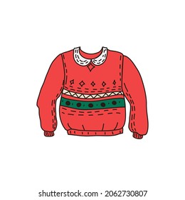 Ugly Red Sweater in the doodle style. Funny Christmas clothes. Vector hand-drawn illustration.