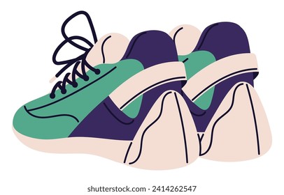 Ugly sneakers with chunky sole. Running boots, shoes for training. Cool trainers pair back view. Stylish footwear sport style. Street fashion. Flat isolated vector illustration on white background