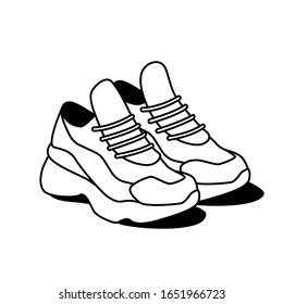 Ugly Sneakers Vector Illustration. Hand Drawn Linear Pair Of Trendy Modern Sport Shoes Isolated On White. Fashion Trends, Shoes, Kicks, Outfit Concepts.