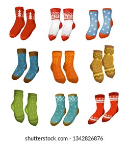 Ugly Socks Collection. Christmas Socks For Party, Invitation, Greeting Card In Cartoon Style. Ugly Sweater Party Elements. Vector Christmas Decorations And Clothing Set.