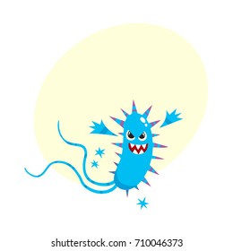 Ugly spiked virus, germ, bacteria character with human face and sharp thorns, cartoon vector illustration with space for text. Scary bacteria, virus, germ monster with human face and sharp teeth