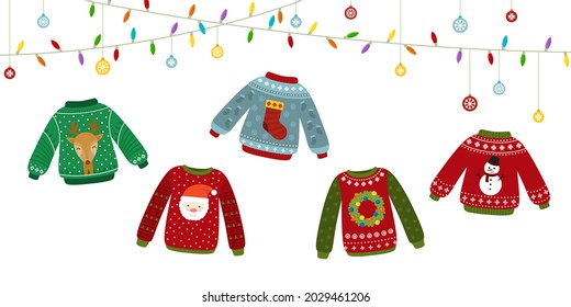 Ugly sweater banner. Celebrating, christmas sweaters and garlands. Happy new year, winter holiday poster. Warm jumper recent vector elements