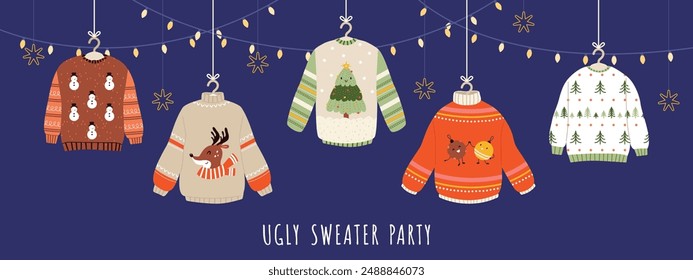 Ugly sweater banner. Cozy winter sweaters with decor and holiday christmas garlands. Child adult xmas party clothes, snugly festive vector background