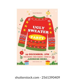 Ugly sweater banner. Cozy winter sweaters with decor and holiday garlands.