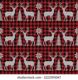 Ugly sweater at Buffalo Plaid Merry Christmas and Happy New Year greeting card frame border . illustration knitted background seamless pattern with folk style scandinavian ornaments.