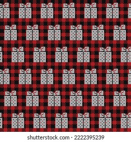 Ugly sweater at Buffalo Plaid Merry Christmas and Happy New Year greeting card frame border . illustration knitted background seamless pattern with folk style scandinavian ornaments.