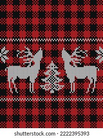 Ugly sweater at Buffalo Plaid Merry Christmas and Happy New Year greeting card frame border . illustration knitted background seamless pattern with folk style scandinavian ornaments.