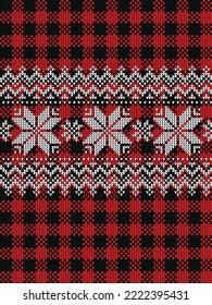 Ugly sweater at Buffalo Plaid Merry Christmas and Happy New Year greeting card frame border . illustration knitted background seamless pattern with folk style scandinavian ornaments.