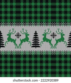 Ugly sweater at Buffalo Plaid Merry Christmas and Happy New Year greeting card frame border . illustration knitted background seamless pattern with folk style scandinavian ornaments.