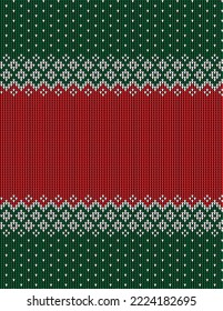 Ugly sweater at Buffalo Plaid Merry Christmas and Happy New Year greeting card frame border . illustration knitted background seamless pattern with folk style scandinavian ornaments. Eps 10