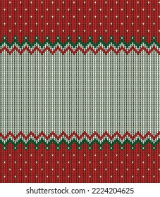 Ugly sweater at Buffalo Plaid Merry Christmas and Happy New Year greeting card frame border . illustration knitted background seamless pattern with folk style scandinavian ornaments. Eps 10