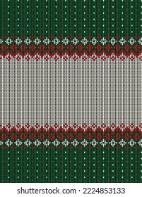 Ugly sweater at Buffalo Plaid Merry Christmas and Happy New Year greeting card frame border . illustration knitted background seamless pattern with folk style scandinavian ornaments. Eps 10