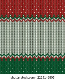 Ugly sweater at Buffalo Plaid Merry Christmas and Happy New Year greeting card frame border . illustration knitted background seamless pattern with folk style scandinavian ornaments. Eps 10