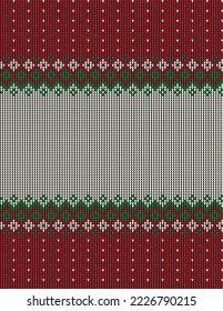 Ugly sweater at Buffalo Plaid Merry Christmas and Happy New Year greeting card frame border . illustration knitted background seamless pattern with folk style scandinavian ornaments. Eps 10