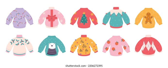 Ugly sweater, christmas funny pullovers with ornamental decor. Cartoon sweaters decorated snowflake, snowman, white bear. Racy festive vector design