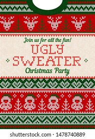 Ugly sweater Christmas Greeting Card X-mas party invite. Vector illustration knitted background pattern scandinavian ornaments, deer, Santa Claus. White, red, green colors knitting. Flat style