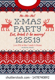 Ugly sweater Christmas Greeting Card X-mas party invite. Vector illustration knitted background pattern scandinavian ornaments Christmas tree, snowflake. White, red, blue colors knitting. Flat style