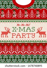 Ugly sweater Christmas Greeting Card X-mas party invite. Vector illustration knitted background pattern scandinavian ornaments tree, snowflake, deer, Santa Claus, snowman. White, red, green colors kni