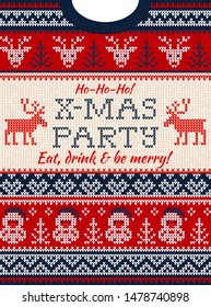 Ugly sweater Christmas Greeting Card X-mas party invite. Vector illustration knitted background pattern scandinavian ornaments, deer, Santa Claus. White, red, blue colors knitting. Flat style