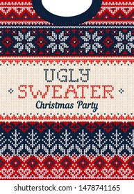 Ugly sweater Christmas Greeting Card X-mas party invite. Vector illustration knitted background pattern scandinavian ornaments Christmas tree, snowflake. White, red, blue colors knitting. Flat style