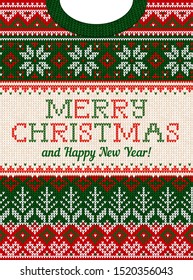 Ugly sweater Christmas Greeting Card X-mas party invite. Vector illustration knitted background pattern scandinavian ornaments Christmas tree, snowflake. White, red, green colors knitting. Flat style