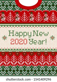 Ugly sweater Christmas Greeting Card X-mas 2020 Happy New Year. Vector illustration knitted background pattern scandinavian ornaments. White, red, green colors knitting. Flat style