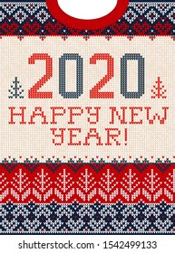 Ugly sweater Christmas Greeting Card X-mas 2020 Happy New Year. Vector illustration knitted background pattern scandinavian ornaments. White, red, blue colors knitting. Flat style