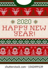 Ugly sweater Christmas Greeting Card X-mas 2020 Happy New Year. Vector illustration knitted background pattern scandinavian ornaments. White, red, green colors knitting. Flat style