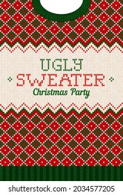 Ugly sweater Christmas Greeting Card X-mas 2022 Happy New Year. Vector illustration knitted background pattern scandinavian ornaments. White, red, green colors knitting. Flat style