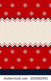 Ugly Sweater Christmas Greeting Card X-mas 2022 Happy New Year. Vector Illustration Knitted Background Pattern Scandinavian Ornaments. White, Red, Blue Colors Knitting. Flat Style