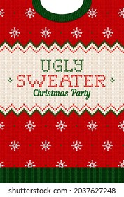 Ugly sweater Christmas Greeting Card X-mas 2022 Happy New Year. Vector illustration knitted background pattern scandinavian ornaments. White, red, green colors knitting. Flat style