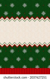 Estupenda tarjeta de felicitación de Navidad X-mas 2022 Feliz Año Nuevo. Dibujo vectorial patrón de fondo de punto ornamentos escandinavos. Tejiendo colores blancos, rojos y verdes. Estilo plano